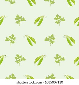 Green polka dot and parsley on light background, seamless texture, vector illustration.