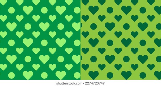 Patrones de puntos de Polka Verde para el Día de San Valentín. Corazones, mensajes de amor. Patrón del día de San Valentín. Antecedentes del día de San Valentín. Tarjeta de San Valentín. 14 de febrero.
