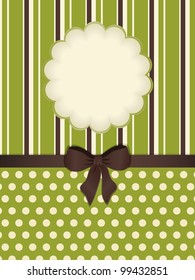 Green polka dot and striped background with cut out window and brown ribbon and bow