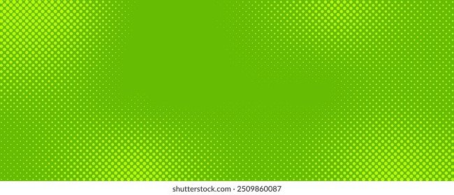 Green polka dots gradient halftone background. Pop art cartoon dot texture with nature graphic design, Horizontal abstract pattern wall for cover digital technology.