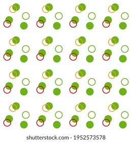 Green polka dots and multicolored circles on a white background. Vector seamless pattern for hoop, surface, packaging, postcards, wallpaper. Abstract illustration. Simple sedign.