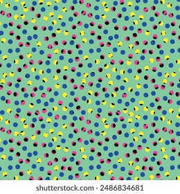 Green polka dots in the white background. Classic polka dot harmony: Seamless vector pattern, small black circles on a white backdrop. Creative texture with chaotic, hand-drawn round shapes.