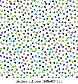 Green polka dots in the white background. Classic polka dot harmony: Seamless vector pattern, small black circles on a white backdrop. Creative texture with chaotic, hand-drawn round shapes.