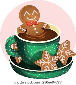  Green polka dotted cup filled with hot chocolate, featuring a happy gingerbread man relaxing inside. Snowflake-shaped gingerbread cookies placed on a matching plate, adding a cozy Christmas vibe