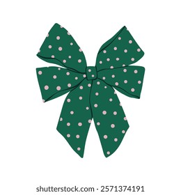 Green polka-dotted ribbon bow for gift wrapping flat vector illustration. Hand-drawn bow knot for Christmas, Valentine's Day, New Year, holiday celebration, birthday gift box, card, party decorations.