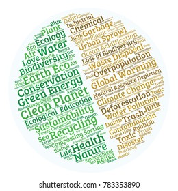 Green and polluted planet. Word cloud. Ecology problems vector illustration