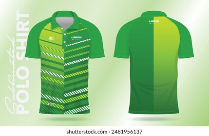 green polo shirt design for soccer jersey, football kit, sportswear. Sport uniform in front view, back view. T-shirt mockup with fabric pattern.