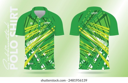 green polo shirt design for soccer jersey, football kit, sportswear. Sport uniform in front view, back view. T-shirt mockup with fabric pattern.