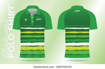 green polo shirt design for soccer jersey, football kit, sportswear. Sport uniform in front view, back view. T-shirt mockup with fabric pattern.