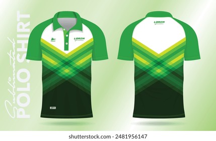 Polo verde diseño de camiseta para la camiseta de fútbol, kit de fútbol, ropa deportiva. Uniforme deportivo en vista frontal, vista trasera. Maqueta de camiseta con estampado de tela.