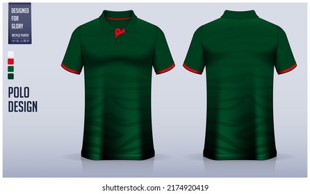 Green polo shirt mockup template design for soccer jersey, football kit, golf, tennis, sportswear. Zebra stripes pattern design. Sport uniform in front view, back view. Vector Illustration