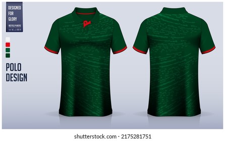 Green polo shirt mockup template design for soccer jersey, football kit, golf, tennis, sportswear. Brush stroke pattern design. Sport uniform in front view, back view. Vector Illustration