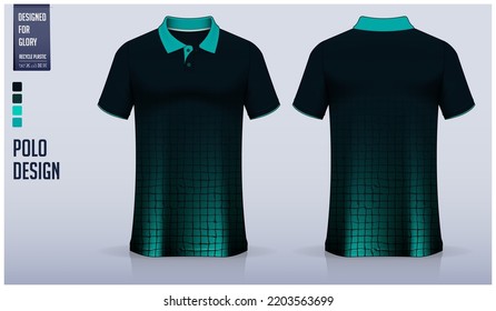 Green polo shirt mockup template design for soccer jersey, football kit, golf, tennis, sportswear. Geometric pattern design. Sport uniform in front view, back view. Vector Illustration.