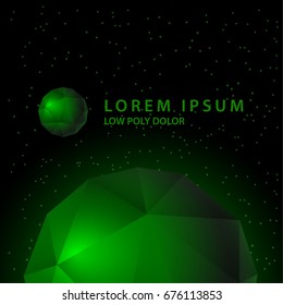 Green polygon sphere logo. Low Poly planet logo on a starry background.