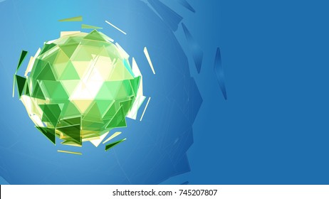 Green polygonal abstract sphere combination by triangle shape graphic template on blue background with eco conceptual