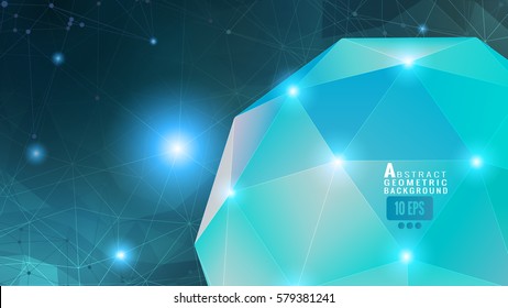 Green polygonal abstract triangle geometric sphere with light graphic on low poly and dots connection background