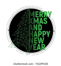 Green polygonal Christmas tree with text  for Merry christmas and happy new year 2018 greeting card, banner or sticker. Vector illustration consisting of polygons, points and lines
