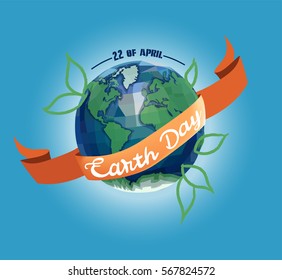 Green polygonal earth globe for 22 of april earth day with letter design and blue background