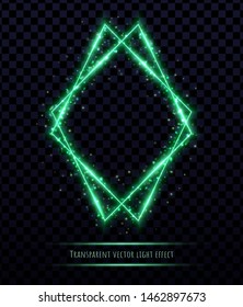 Green polygonal frame with light effects isolated on transparent background. Shining multangular border with glowing sparkles.