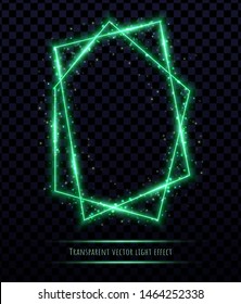 Green polygonal frame with light effects isolated on transparent background. Shining multangular border with glowing sparkles.