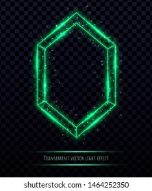 Green polygonal frame with light effects isolated on transparent background. Shining multangular border with glowing sparkles.