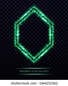 Green polygonal frame with light effects isolated on transparent background. Shining multangular border with glowing sparkles.