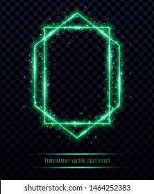 Green polygonal frame with light effects isolated on transparent background. Shining multangular border with glowing sparkles.