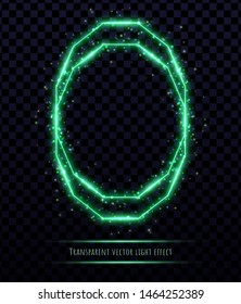 Green polygonal frame with light effects isolated on transparent background. Shining multangular border with glowing sparkles.