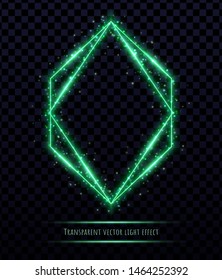Green polygonal frame with light effects isolated on transparent background. Shining multangular border with glowing sparkles.