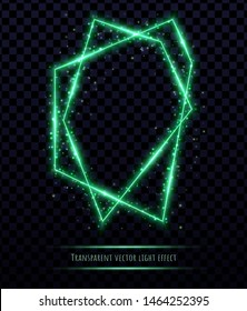 Green polygonal frame with light effects isolated on transparent background. Shining multangular border with glowing sparkles.