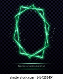 Green polygonal frame with light effects isolated on transparent background. Shining multangular border with glowing sparkles.