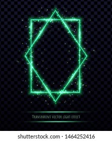 Green polygonal frame with light effects isolated on transparent background. Shining multangular border with glowing sparkles.