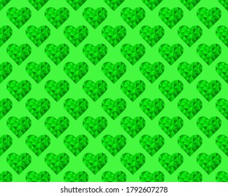 Green polygonal hearts on a green background. Seamless pattern. Vector illustration for fabric design, print for textile, wrapping, wed design, packaging, etc. Other hearts patterns in my collection.