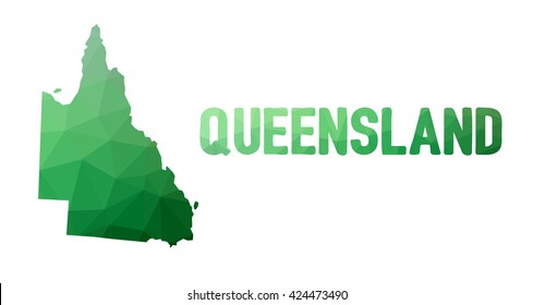 Green polygonal mosaic map of Queensland - political part of Australia, state, QLD; correct proportions
