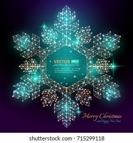 Green polygonal snowflake with flares for Merry christmas and happy new year 2018 with texture of starry sky or space universe. Vector illustration consisting of polygons, points and lines