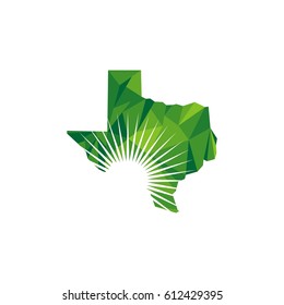 Green Polygonal Texas Map with Sunshine inside Vector Illustration Logo Template Illustration Design. Vector EPS 10.