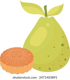 Green Pomelo Fruit and Moon Cake Traditional Dessert Illustration Graphic Element Art Card