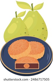 Green Pomelo Fruit and Moon Cake Traditional Dessert Illustration Graphic Element Art Card