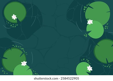 Green pond with lily pad aqua plants. Horizontal summer background. lily lake illustration vector for nature lake illustration