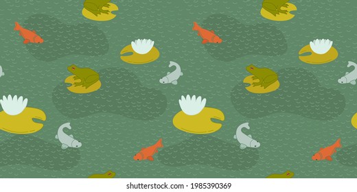 Green pond or swamp with frogs and orange koi fishes. Calm water with beautiful white water lily. Bright carp koi swimming underwater. Textile design. Seamless pattern.