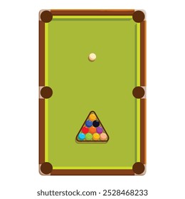 Green pool table with balls set up in triangle, ready for playing billiard game