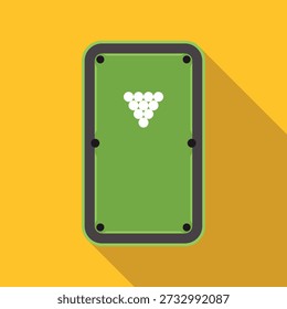 Green pool table with racked white billiard balls on a yellow background, featuring a long shadow