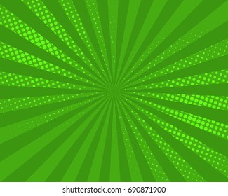 Green pop art comic background, vector illustration. Burst, halftone pattern texture, abstract dots wallpaper.