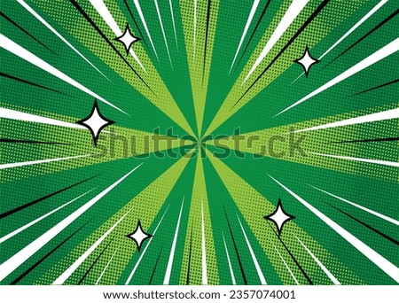 Green pop art comic background with halftone comics bubble. Cartoon vector explosion balloon. Popart poster in retro style comics book style with burst explode cloud, light flashes, stars and rays