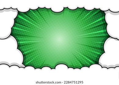 Green pop art comic book background with rays and cloud frame
