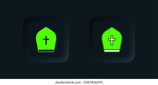 Green Pope hat icon isolated on black background. Christian hat sign. Black square button. Vector