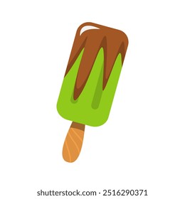 Green popsicle with chocolate topping on wooden stick perfect for summer treat, ice cream shop menu, or refreshing beverage advertisement