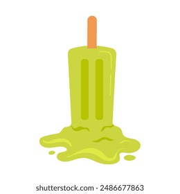 Green popsicle on stick with mint flavor fell to ground and melts in puddle vector illustration