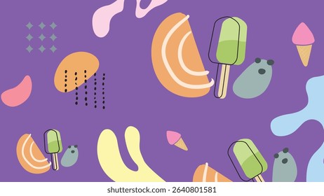 Green popsicles with summer-themed graphics and playful elements on purple backdrop. Ideal for refreshing dessert branding and summer visuals.