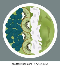 Green porridge with blueberries, kiwi slices and whipped cream on top. Vector
